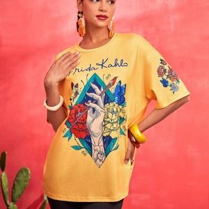 NEW Frida Kahlo yellow oversized T-shirt with colorful graphics